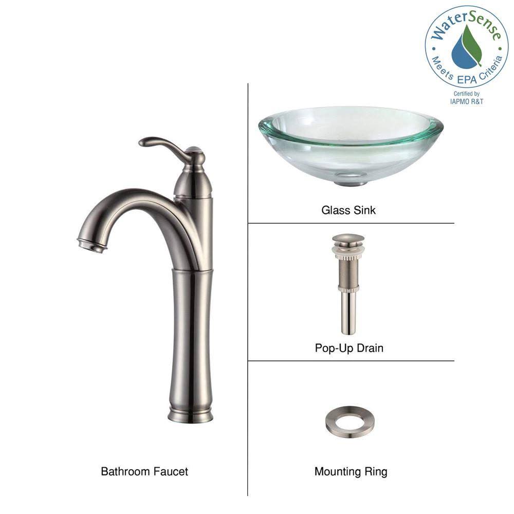 Glass Circular Vessel Bathroom Sink with Faucet, Satin Nickel V4807
