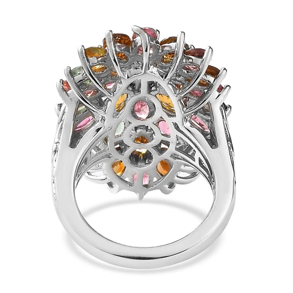 Multi-Tourmaline Oval 925 Sterling Silver Platinum Plated Cluster Ring Size 10 Ct 6.28 R3975