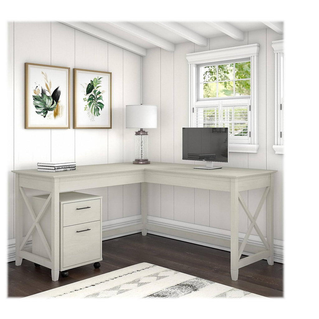 Linen White Oak L-Shaped Desk with 2-Drawer Mobile File Cabinet F56057