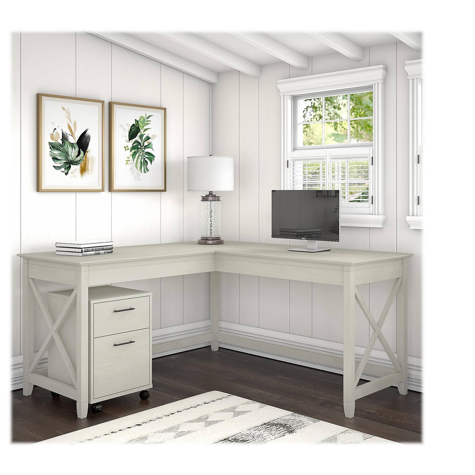 Linen White Oak L-Shaped Desk with 2-Drawer Mobile File Cabinet F56057