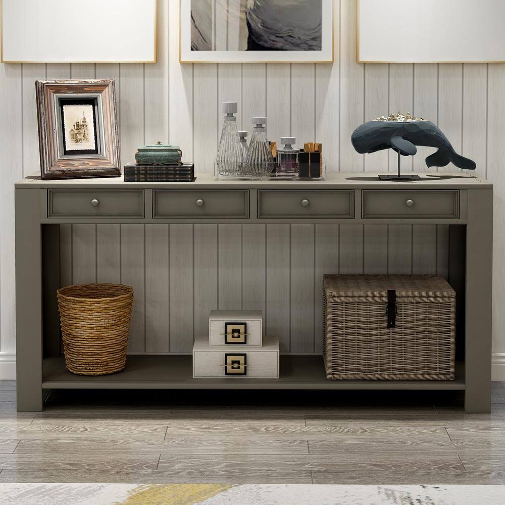 Khaki Wood Console Table with Storage Drawers and Bottom Shelf W964409