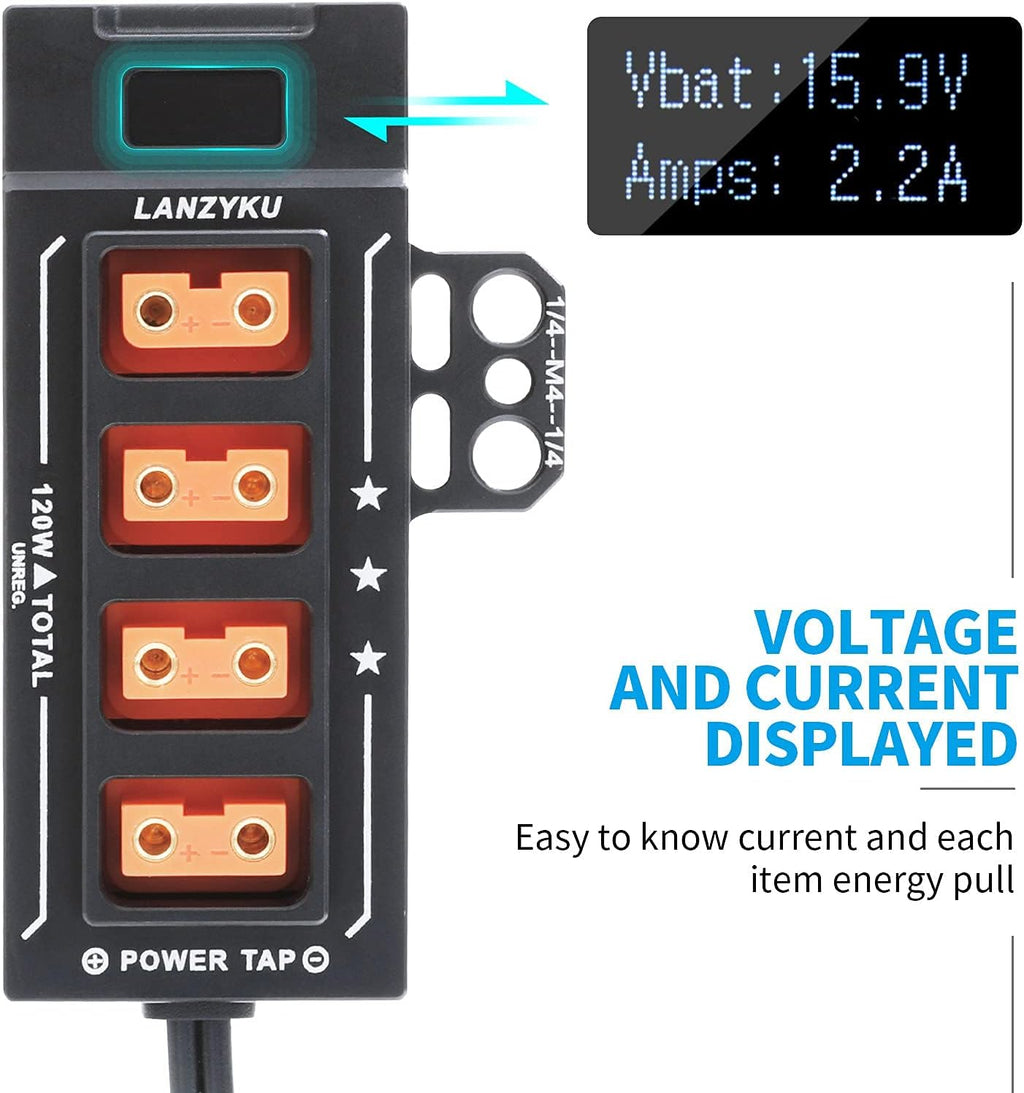 Compact 1x4 P-Tap Splitter with Voltage and Amps Display, Aluminum Alloy, Pack of 2 T7380