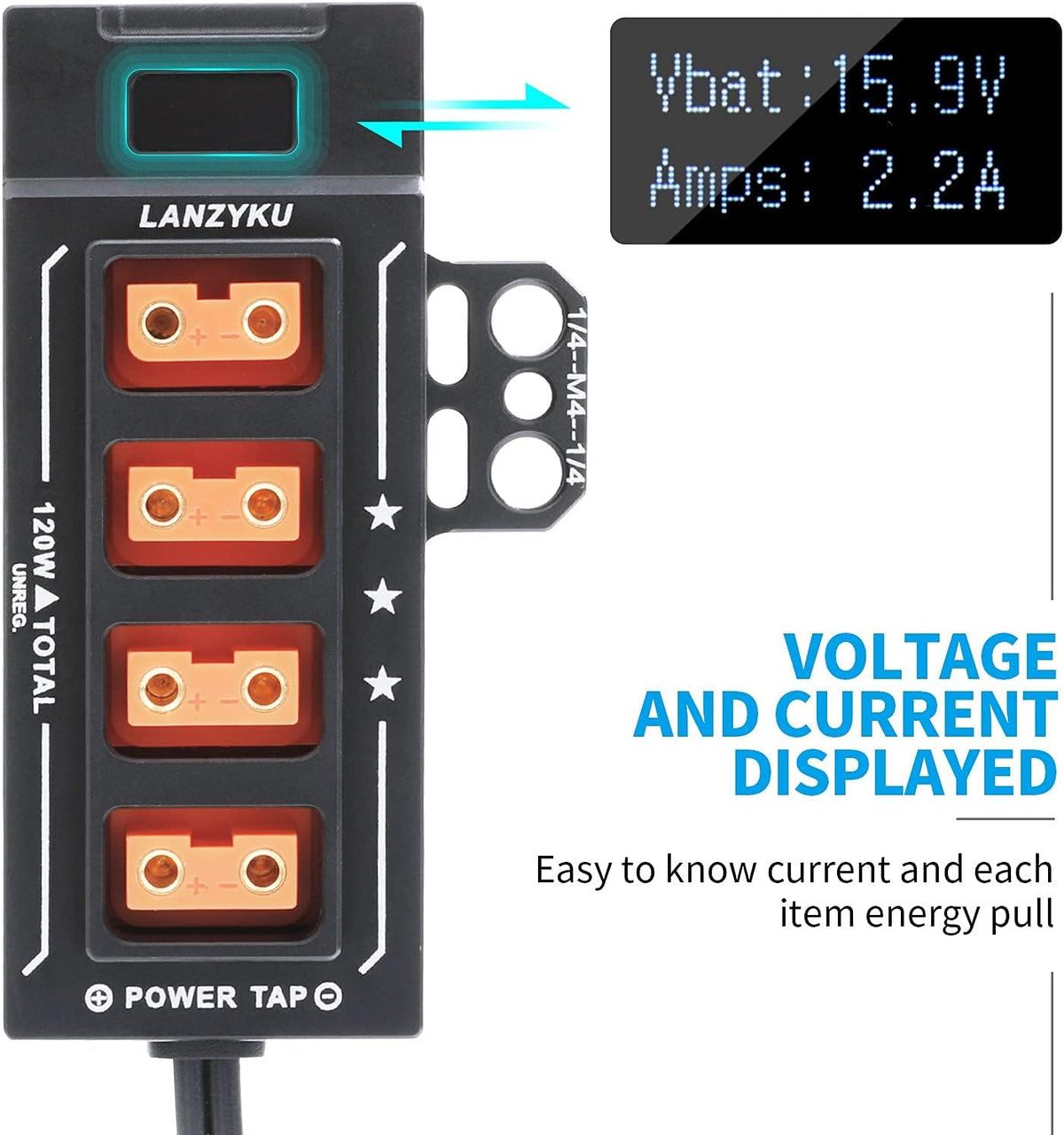 Compact 1x4 P-Tap Splitter with Voltage and Amps Display, Aluminum Alloy, Pack of 2 T7380