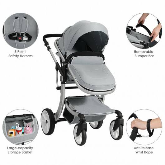 Gray Folding Aluminum Infant Reversible Stroller with Diaper Bag Q27797