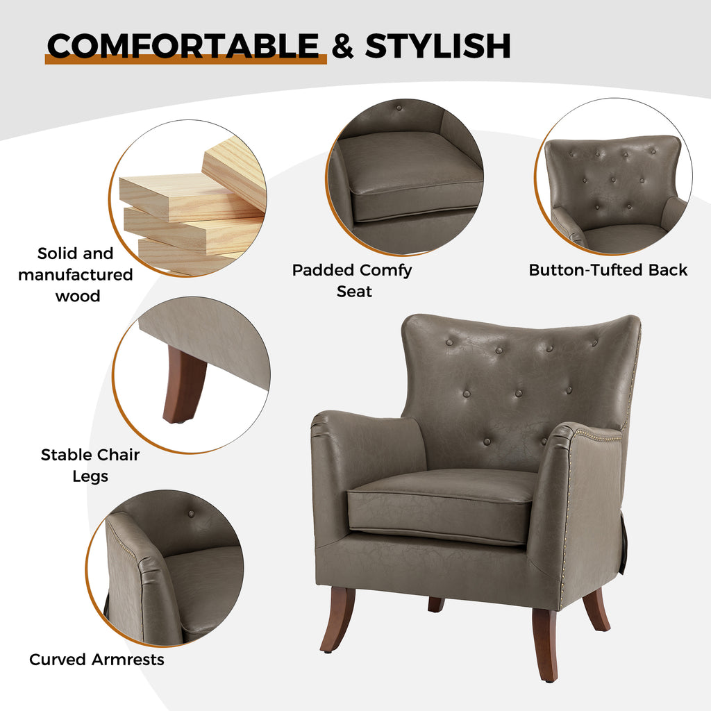 Grey Vegan Leather Wingback Accent Chair J7787