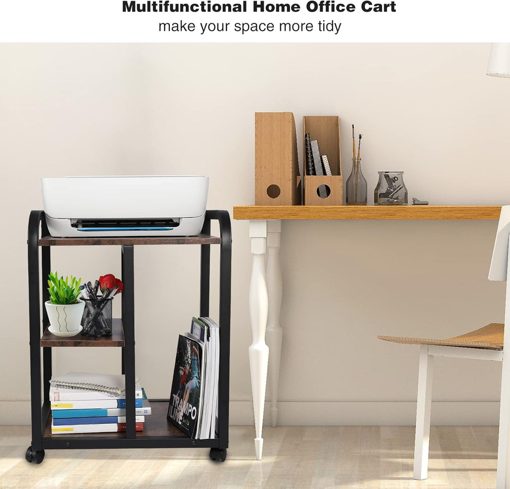 Rustic Brown 3 Tier Rolling Printer Stand with Storage D3081