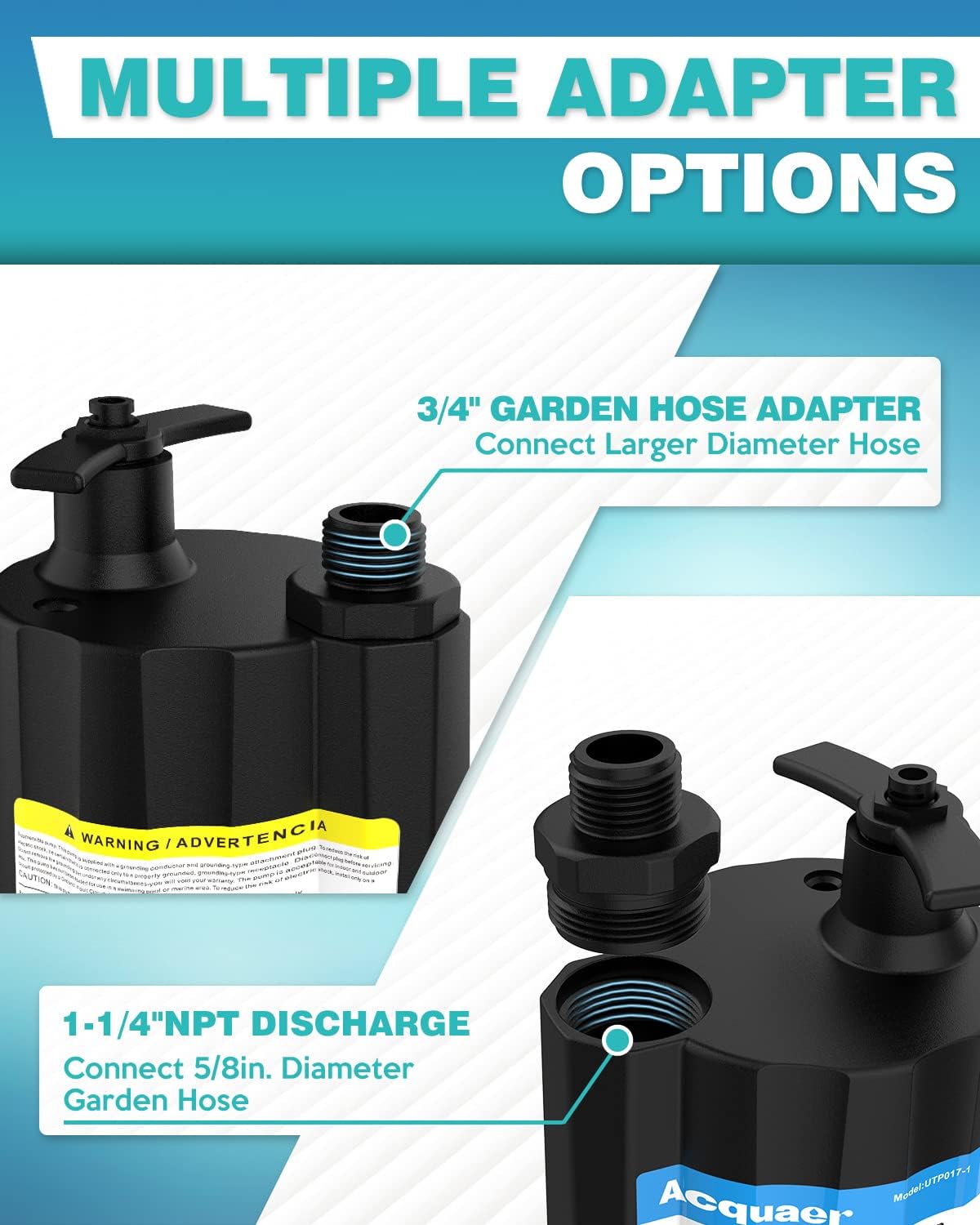 Submersible Water Pump 1/6 HP Thermoplastic Utility Pump 1750GPH with 10 ft Cord Pack of 2 X391