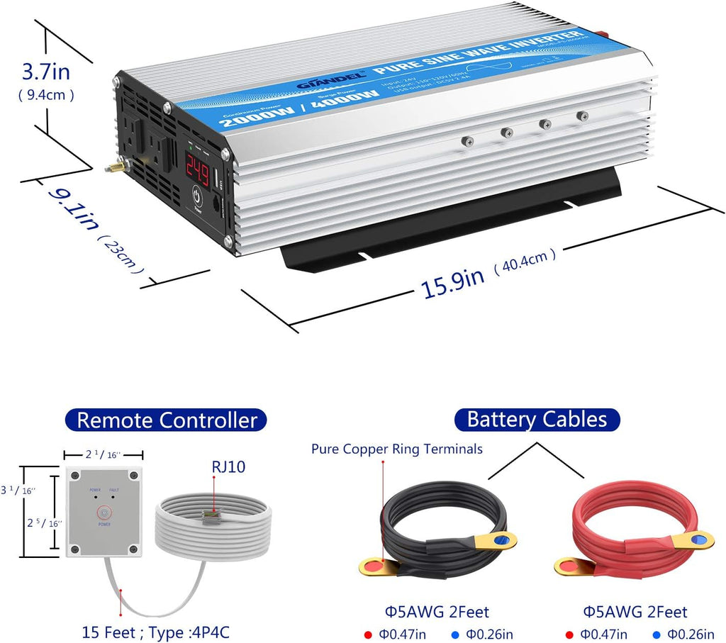 24 Volt 2000W Pure Sine Wave Power Inverter DC 24V to AC120V with Dual AC Outlets Remote Control 2.4A USB LED Display Y706494