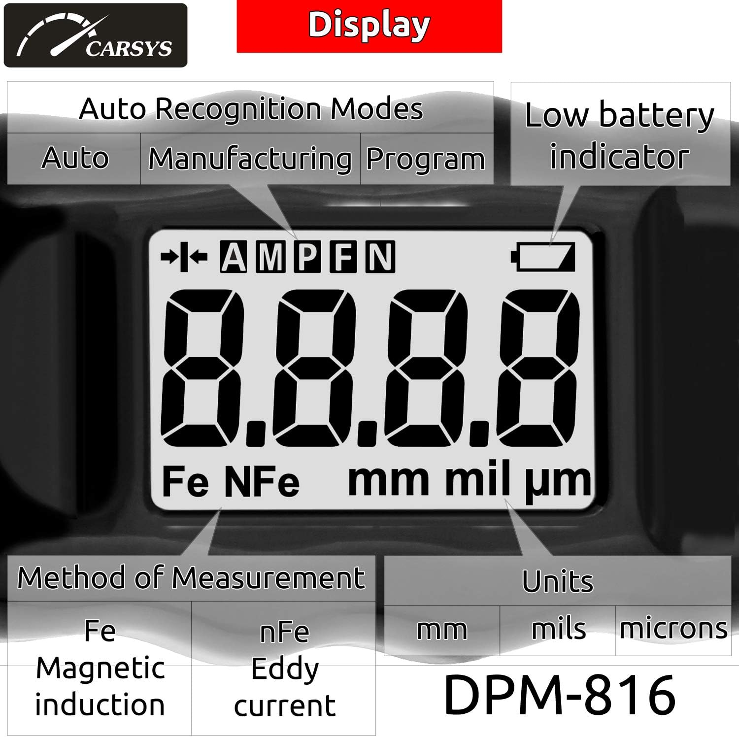 Coating Thickness Gauge Paint Meter, Range 0-137 mils, Ferrous, Non-Ferrous, LCD with Backlight, Precision Probe D45836