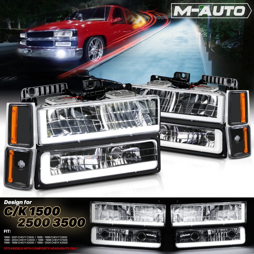 Replacement LED Tube Headlights Assembly Set for Chevy C1500/C2500/C3500/K1500/K2500/K3500 Suburban A38626