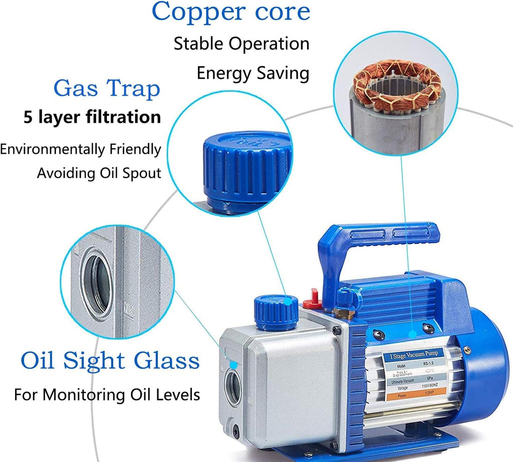 4CFM 1/3HP Air Vacuum Pump HVAC A/C Refrigeration Tool Kit with Leak Detector, Manifold Gauge Set, 3 Hoses K23263