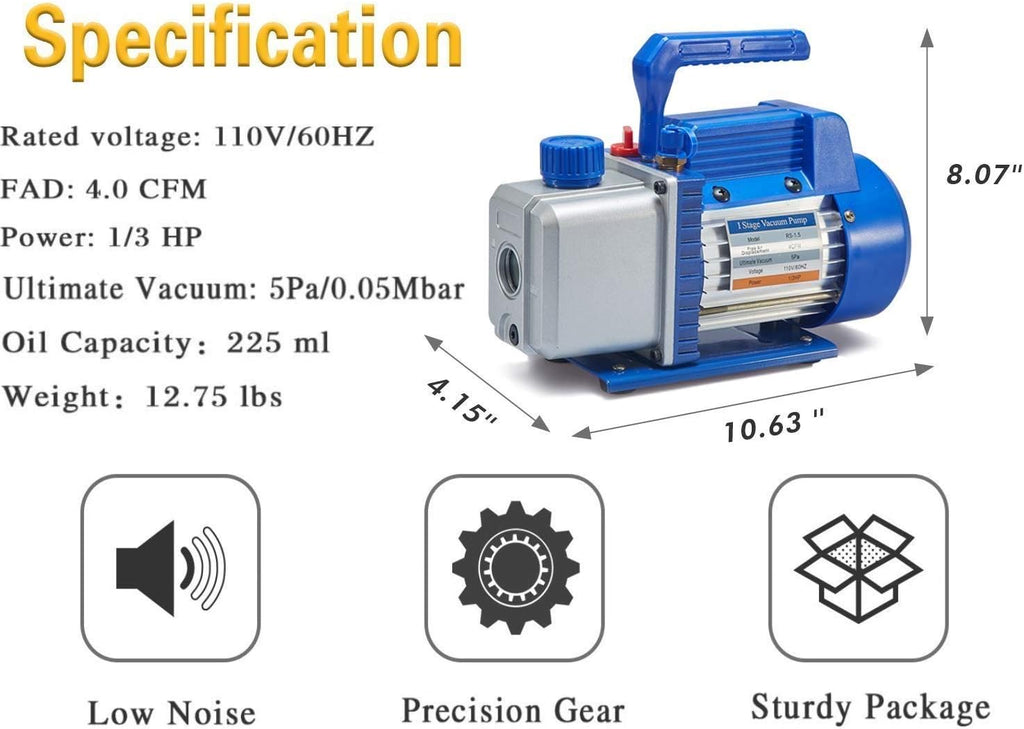 4CFM 1/3HP Air Vacuum Pump HVAC A/C Refrigeration Tool Kit with Leak Detector, Manifold Gauge Set, 3 Hoses K23263