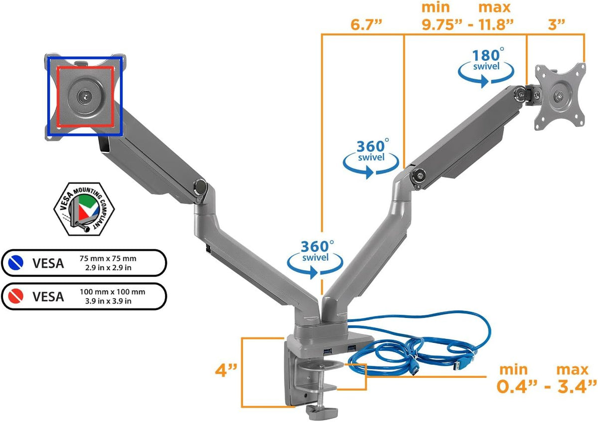 Dual Monitor Arm Mount Desk Stand with USB Ports O842979