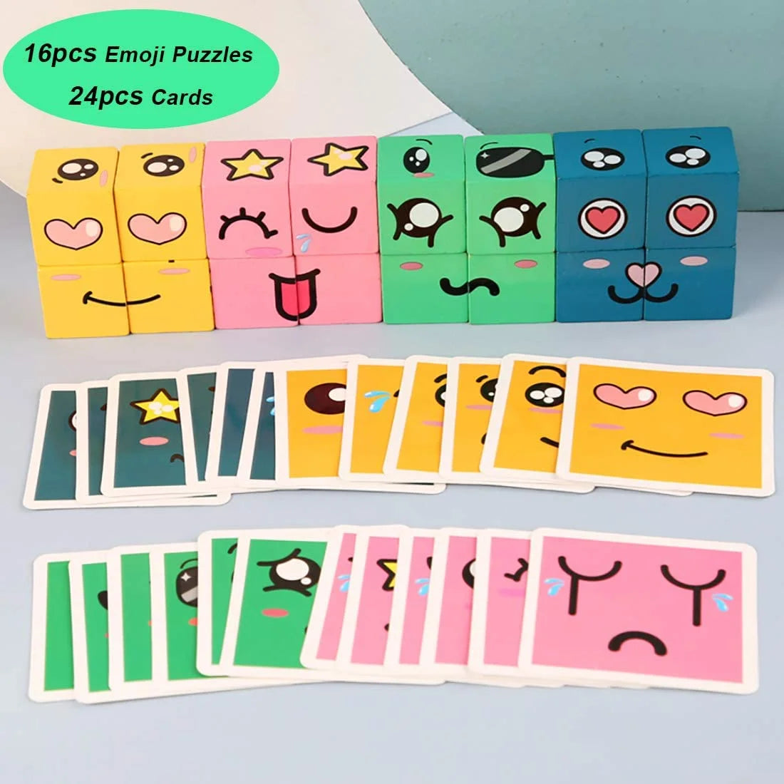 Wooden Building Blocks Set Toy, Emoji Stacking Matching Jigsaw Puzzles O356