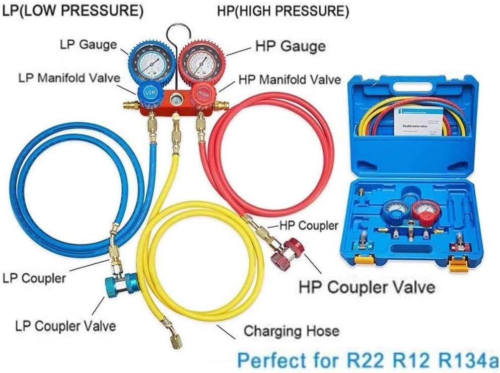 4CFM 1/3HP Air Vacuum Pump HVAC A/C Refrigeration Tool Kit with Leak Detector, Manifold Gauge Set, 3 Hoses K23263