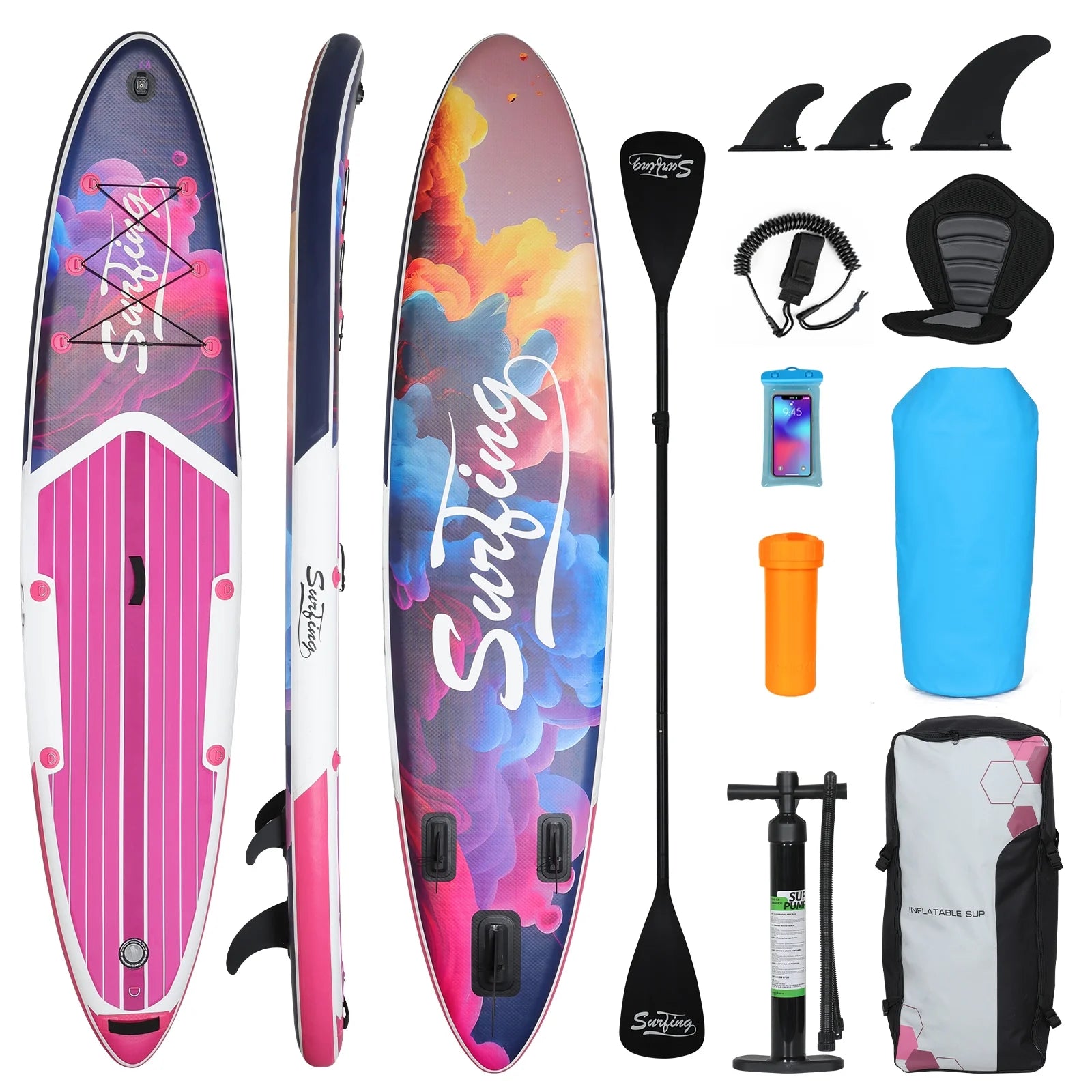 Pink Inflatable Stand Up Paddle Board and Sit-on Kayak Set with Backpack B98932