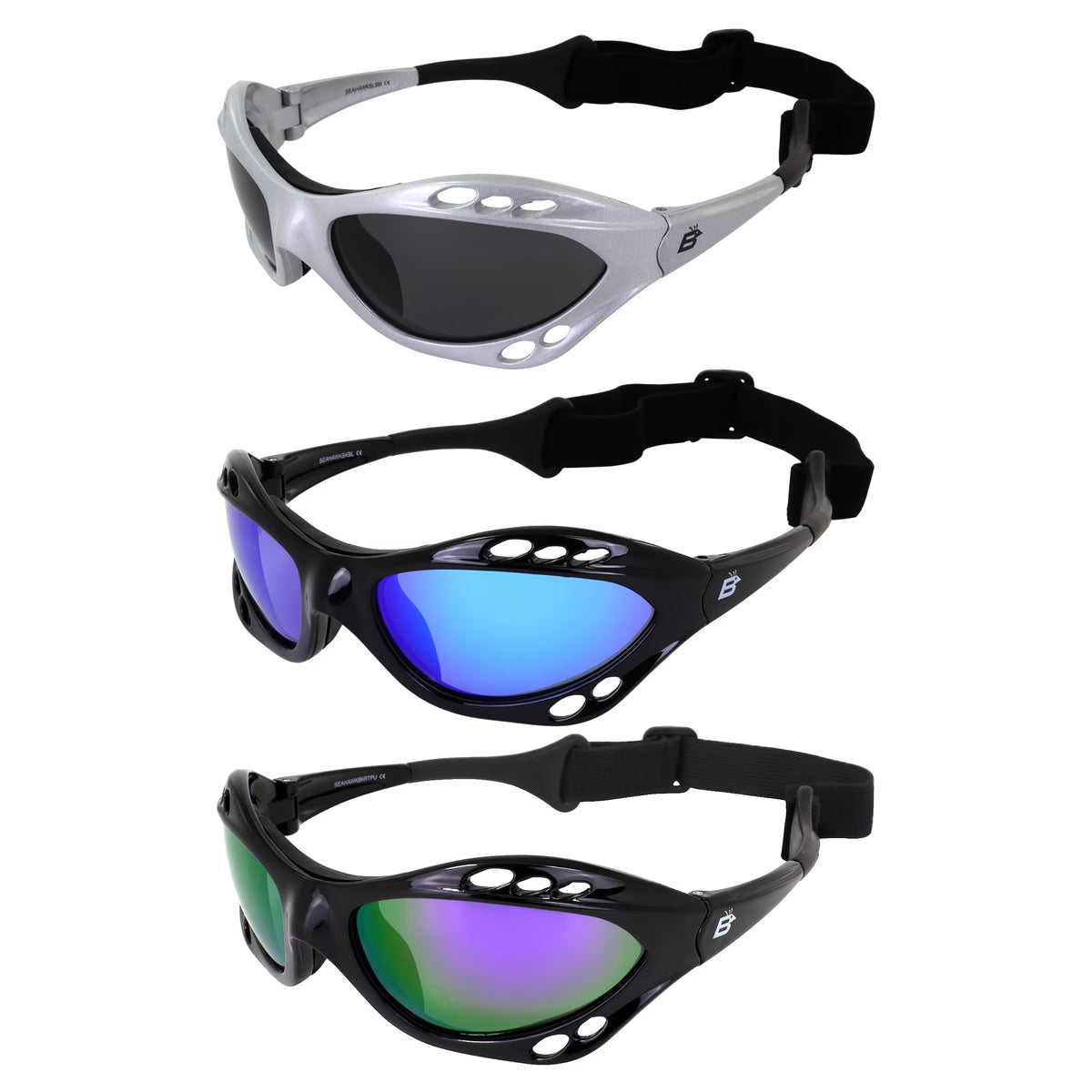 3 Pairs Padded Polarized Sunglasses w/Strap Silver Frame w/Smoke Lens & Black Frames w/Blue & Purple Mirror Lenses O99935