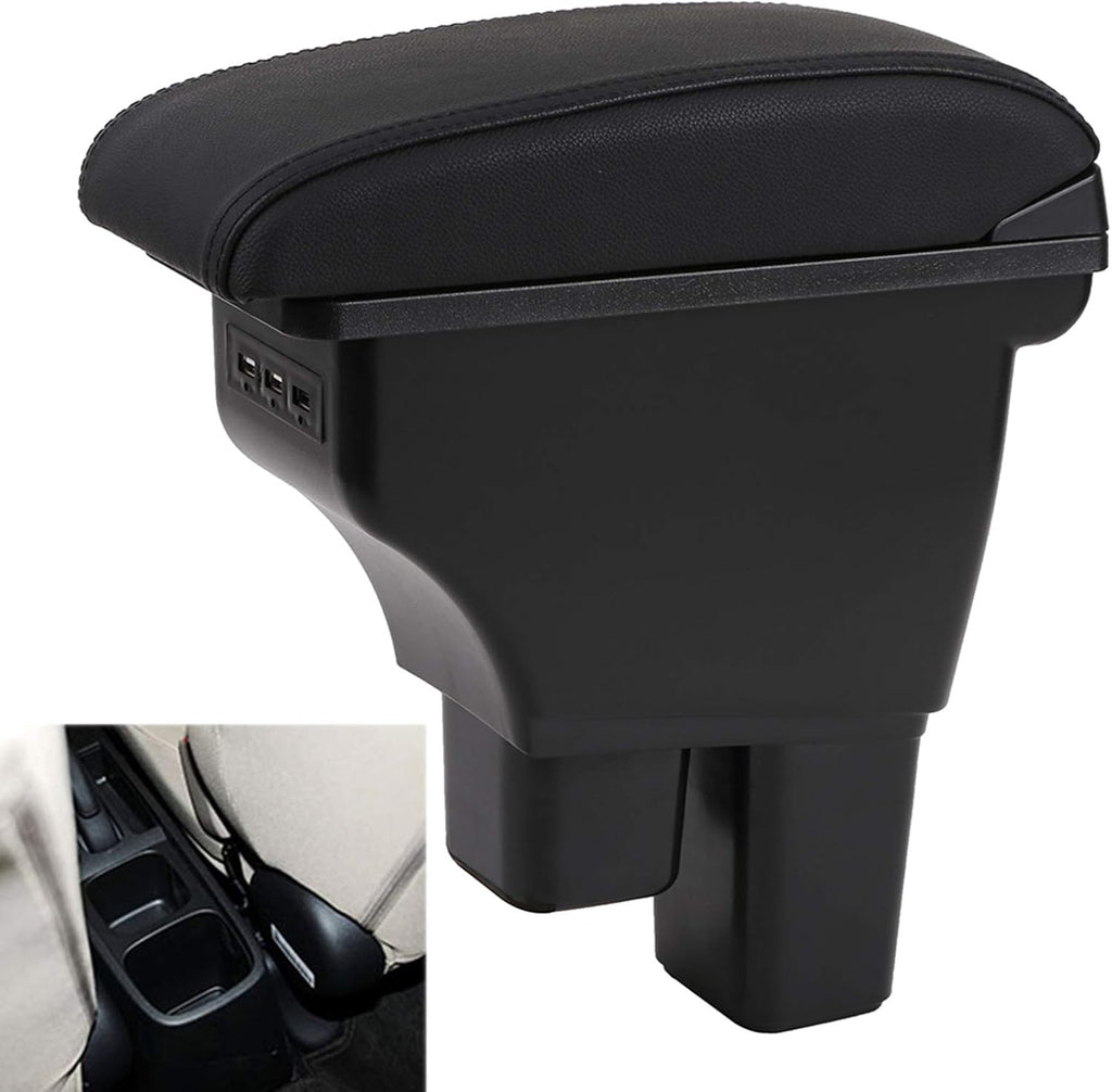 Black with Black Thread Double Layer Car Center Storage Box with 3 USB Ports Pack of 2 L15184