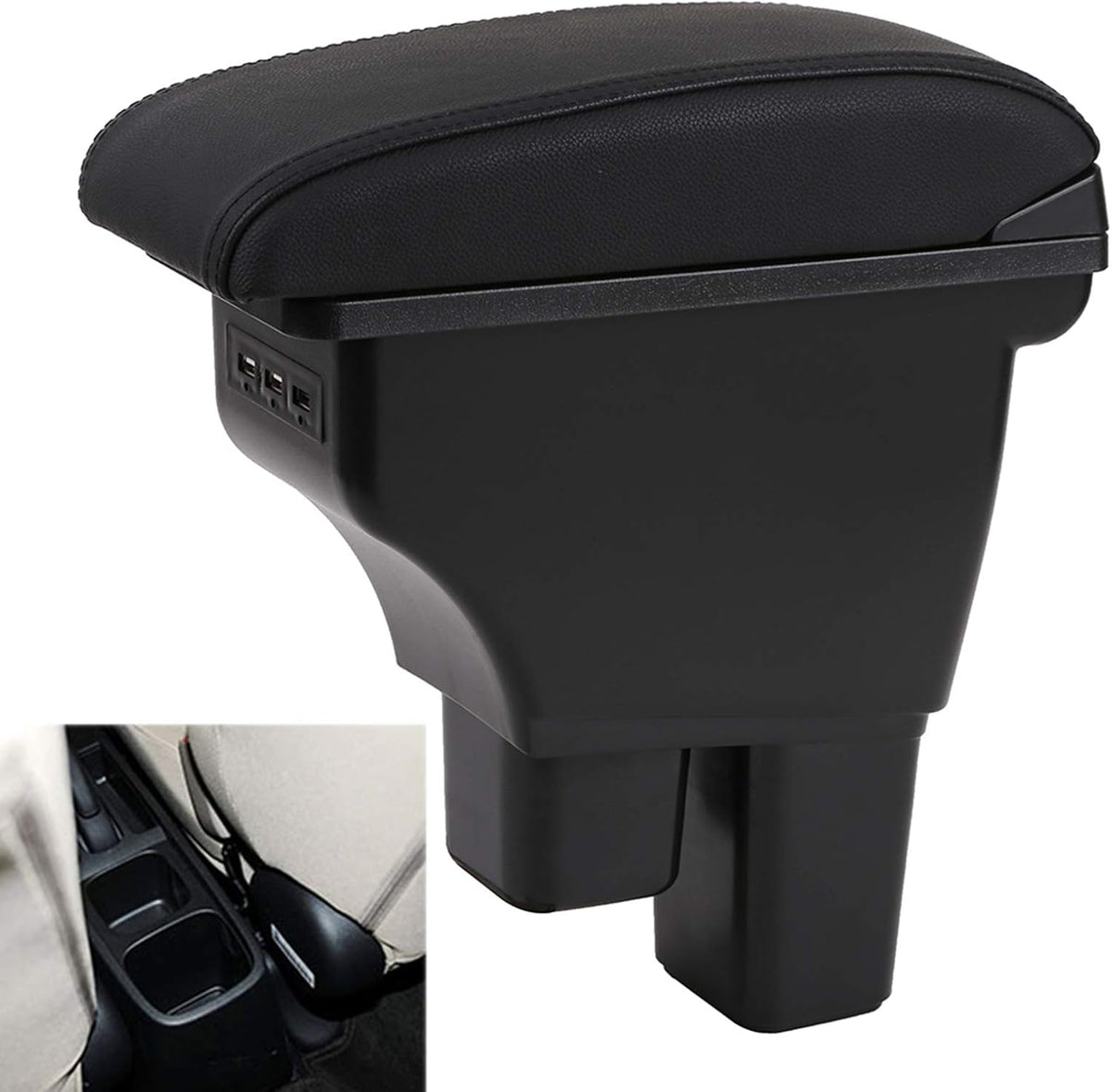 Black with Black Thread Double Layer Car Center Storage Box with 3 USB Ports Pack of 2 L15184