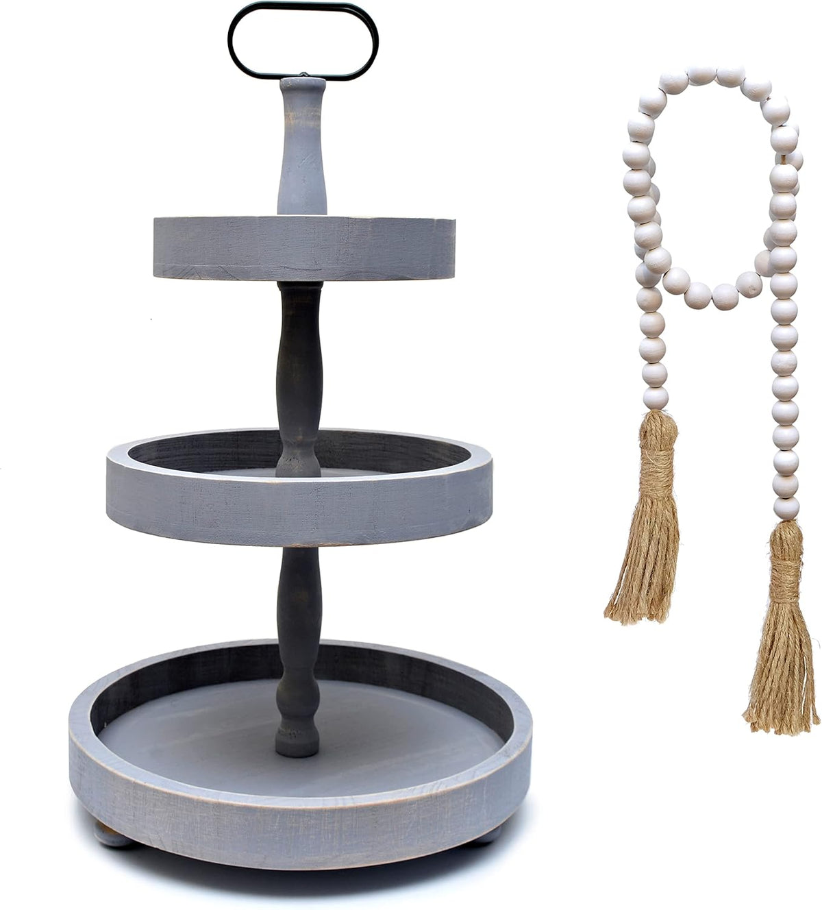 White 2 Tier Tray with Beads T7600