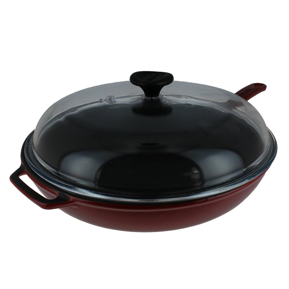 Red French Enameled Cast Iron Fry Pan with Glass Lid G454