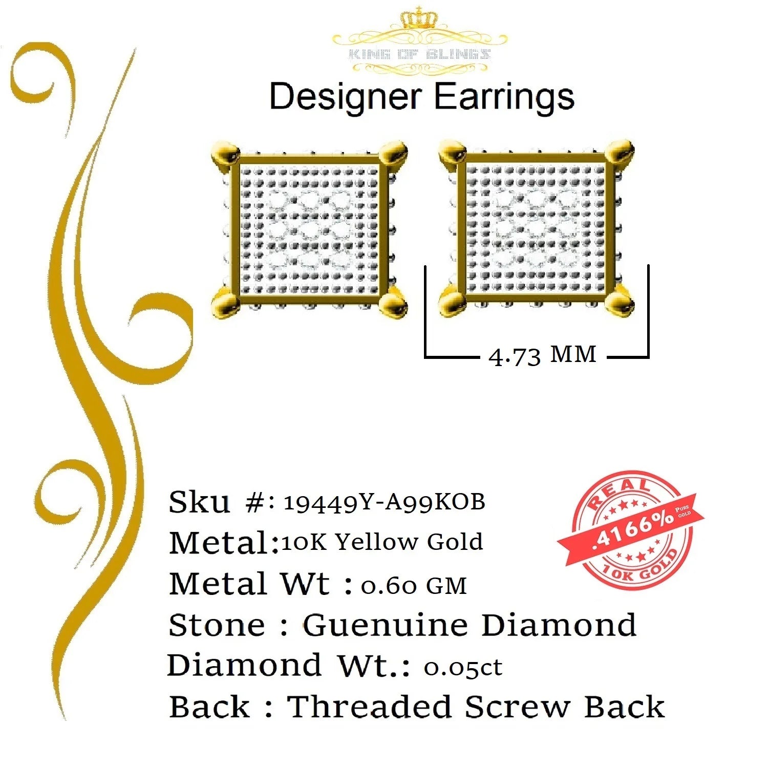 10K Real Yellow Gold Square Stud Earring O47001