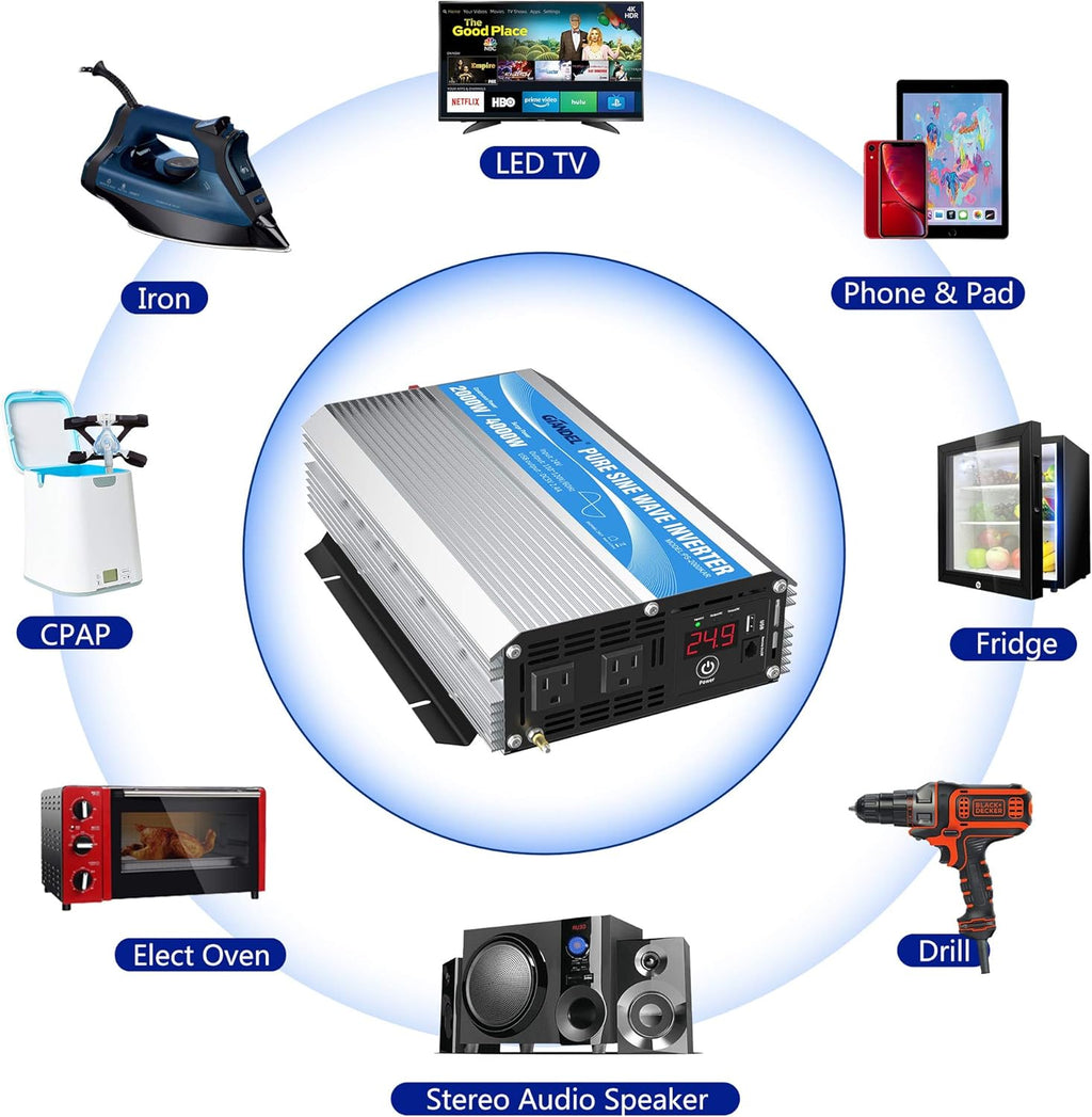 24 Volt 2000W Pure Sine Wave Power Inverter DC 24V to AC120V with Dual AC Outlets Remote Control 2.4A USB LED Display Y706494