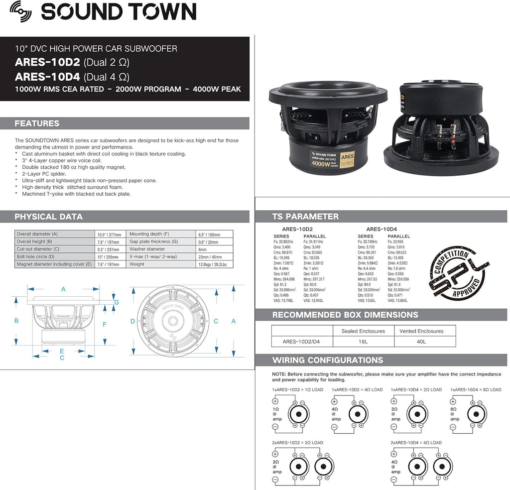 10" Dual Voice Coil 1000W Car Audio Subwoofer, Dual 4-Ohm W711814