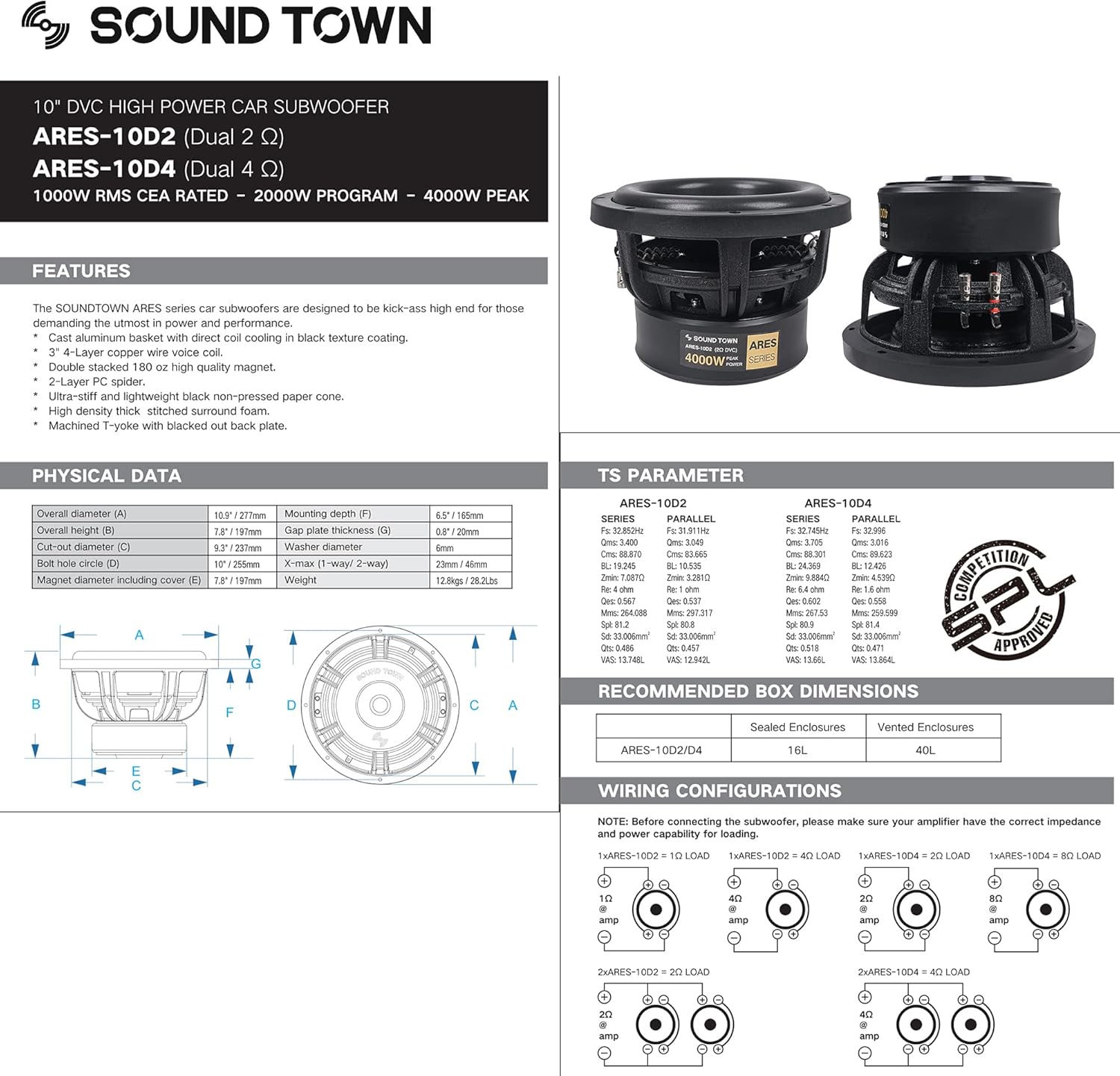 10" Dual Voice Coil 1000W Car Audio Subwoofer, Dual 4-Ohm W711814
