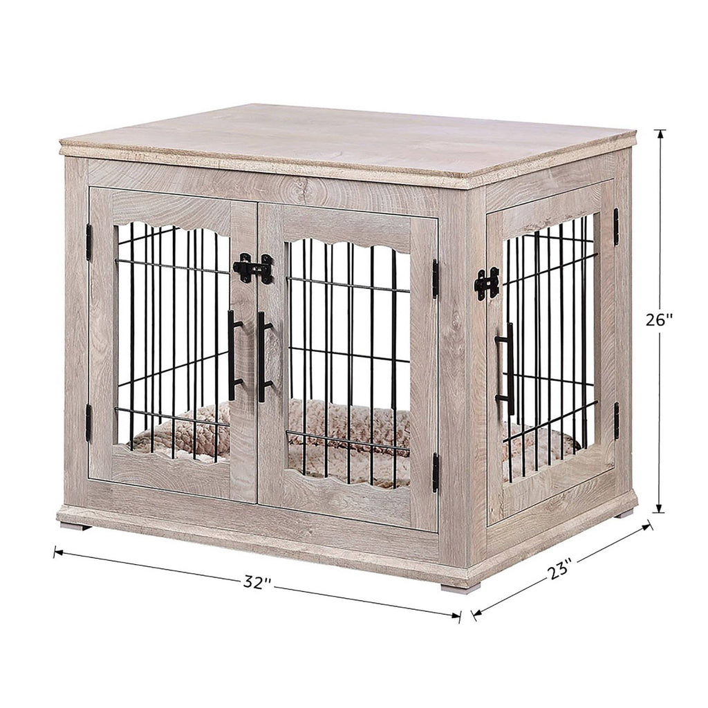 Wooden End Table with Wire Dog Kennel in Weathered Gray, Medium D280863