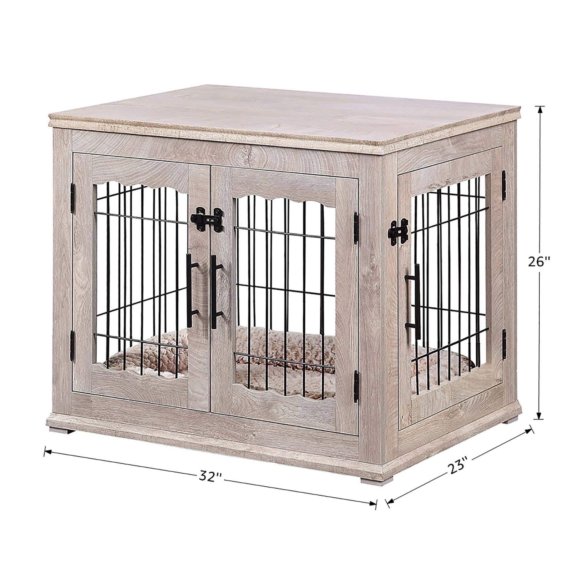Wooden End Table with Wire Dog Kennel in Weathered Gray, Medium D280863