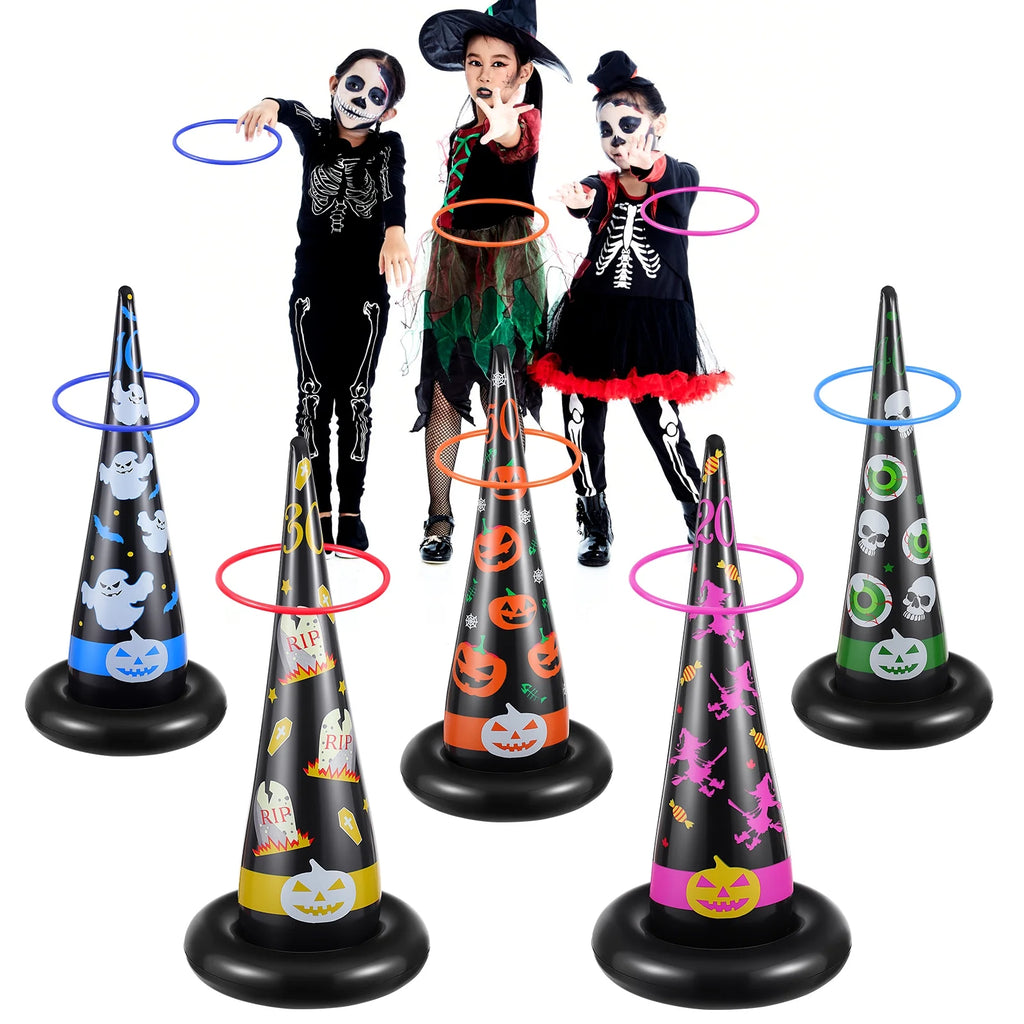5pcs Inflatable Halloween Witch Hat Ring Toss Game Party Supplies with Plastic Rings Air Pump R5208