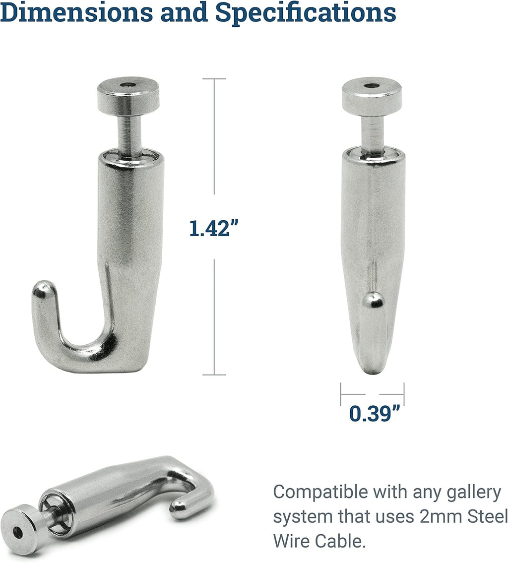 Adjustable Hooks for Gallery Picture Hanging System fits 2.0mm Steel Cables - 10 Pack T6777