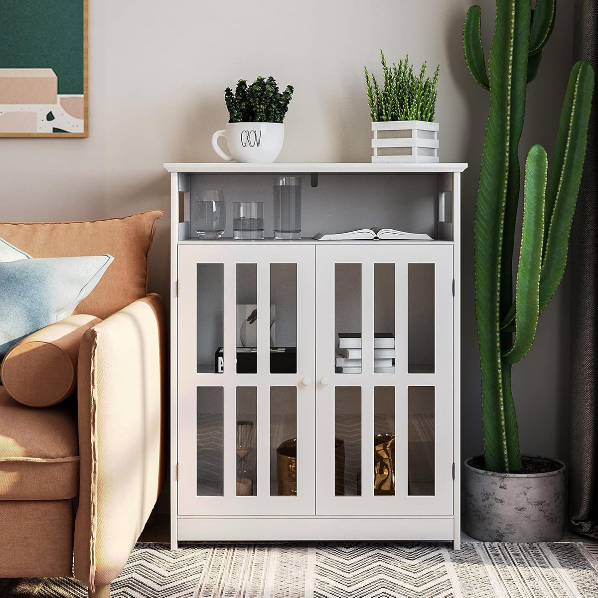 White Utility Storage Cabinet with Tempered Glass Doors and Adjustable Shelf W47751