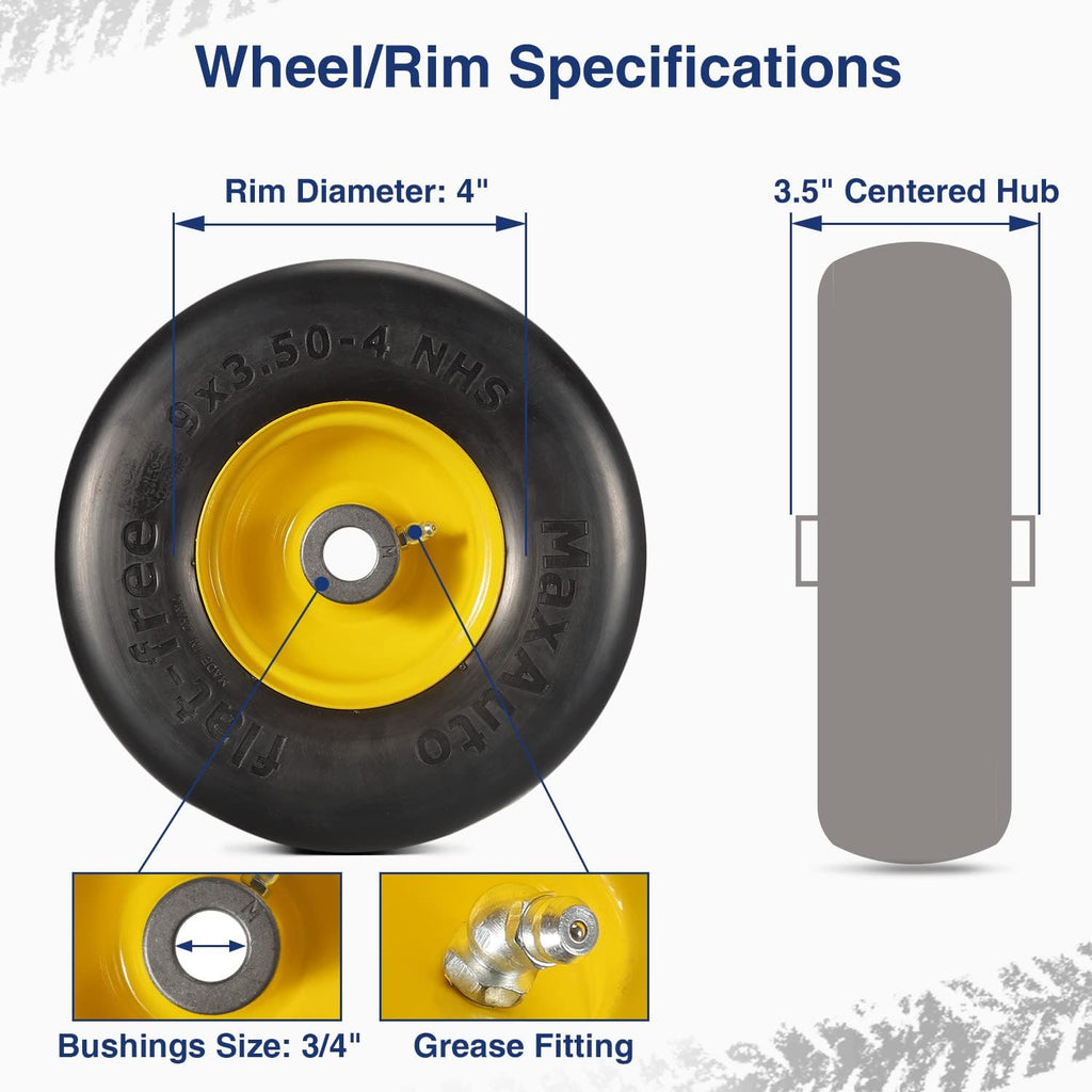 4 Pcs 9x3.50-4" Flat Free Tire on Wheel for Zero Turn Mower U742631
