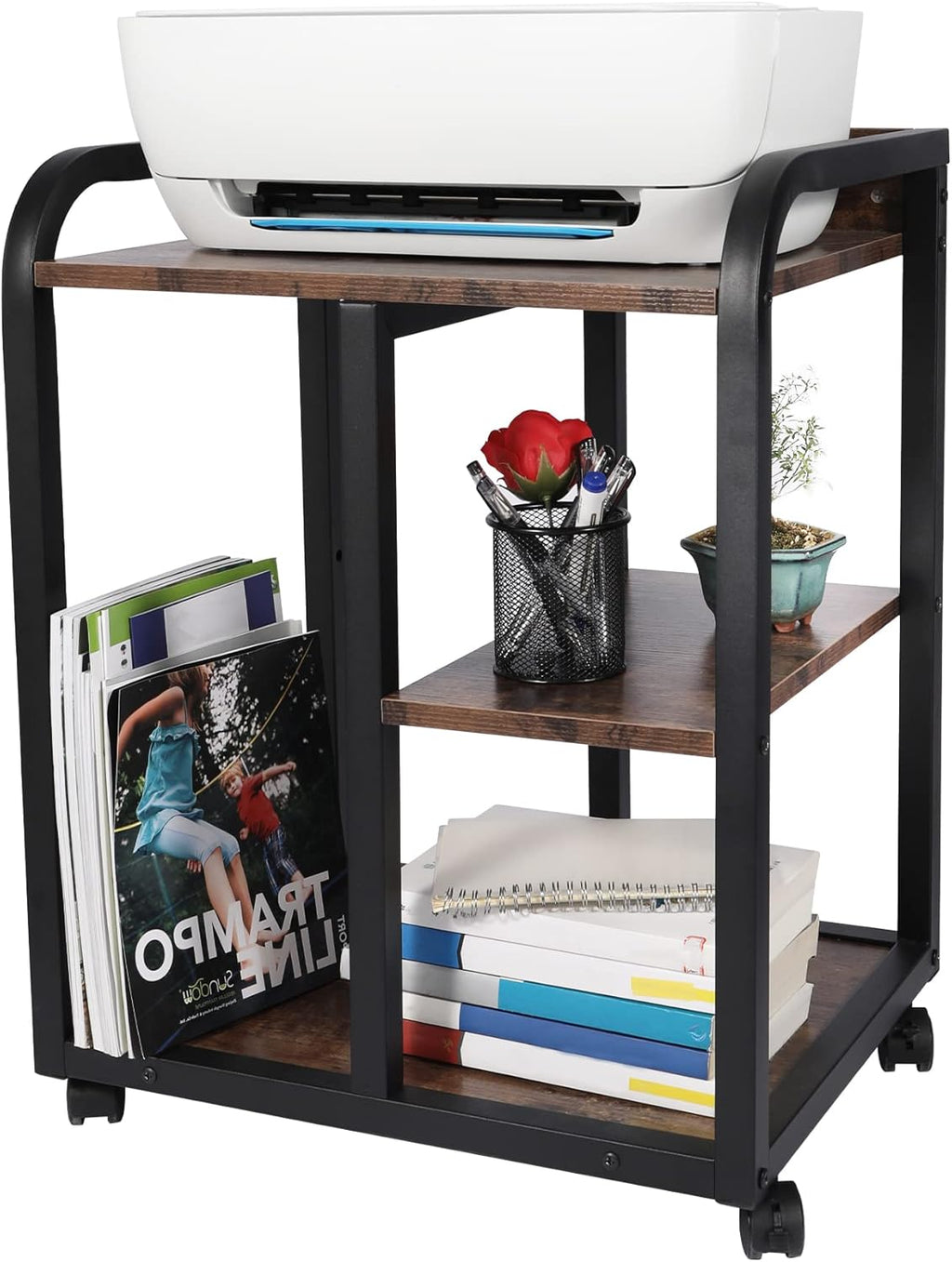 Rustic Brown 3 Tier Rolling Printer Stand with Storage D3081