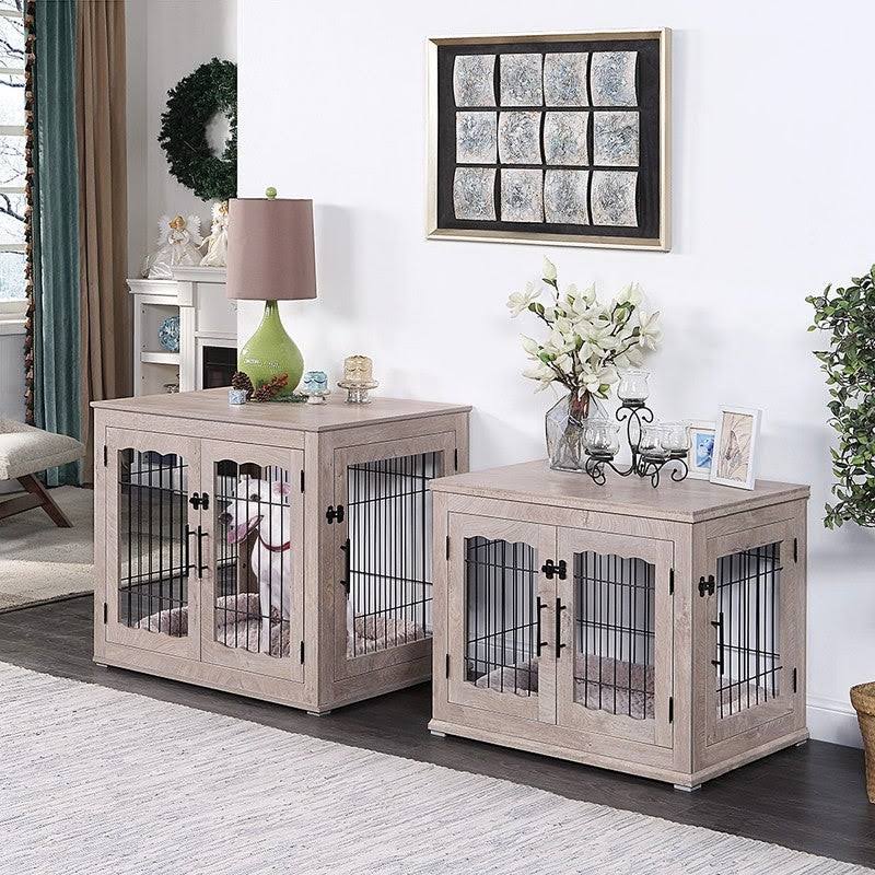 Wooden End Table with Wire Dog Kennel in Weathered Gray, Medium D280863