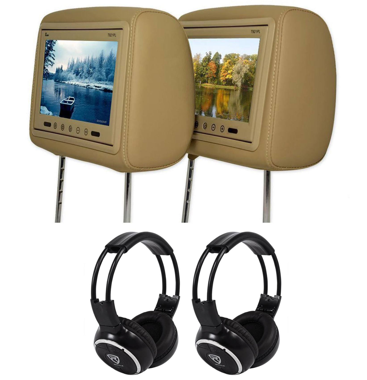 9x22 Beige Tan Car Headrest Video Monitors with 2 Wireless Headset A1947