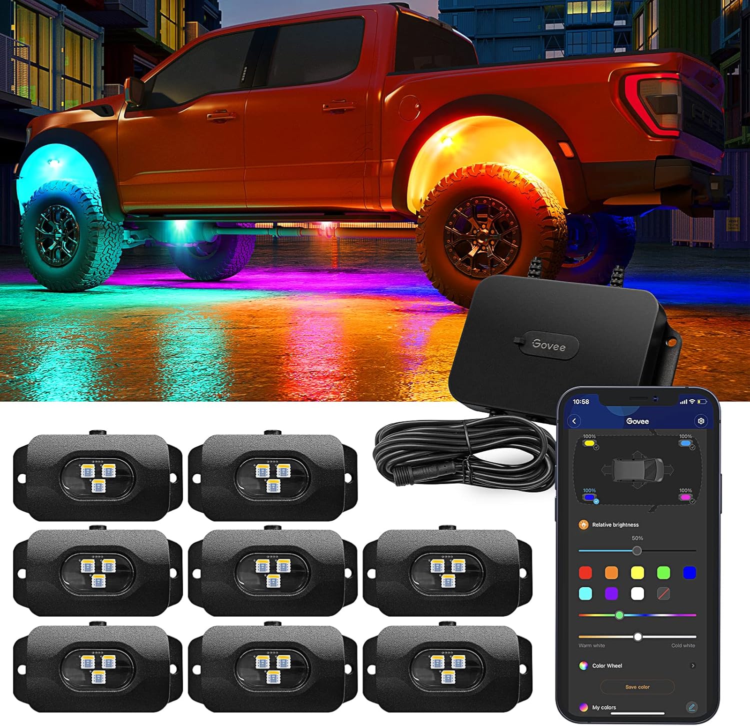 RGBIC Car Underglow Lights, 8 Pods, IP67 Waterproof, DC 12V O70531