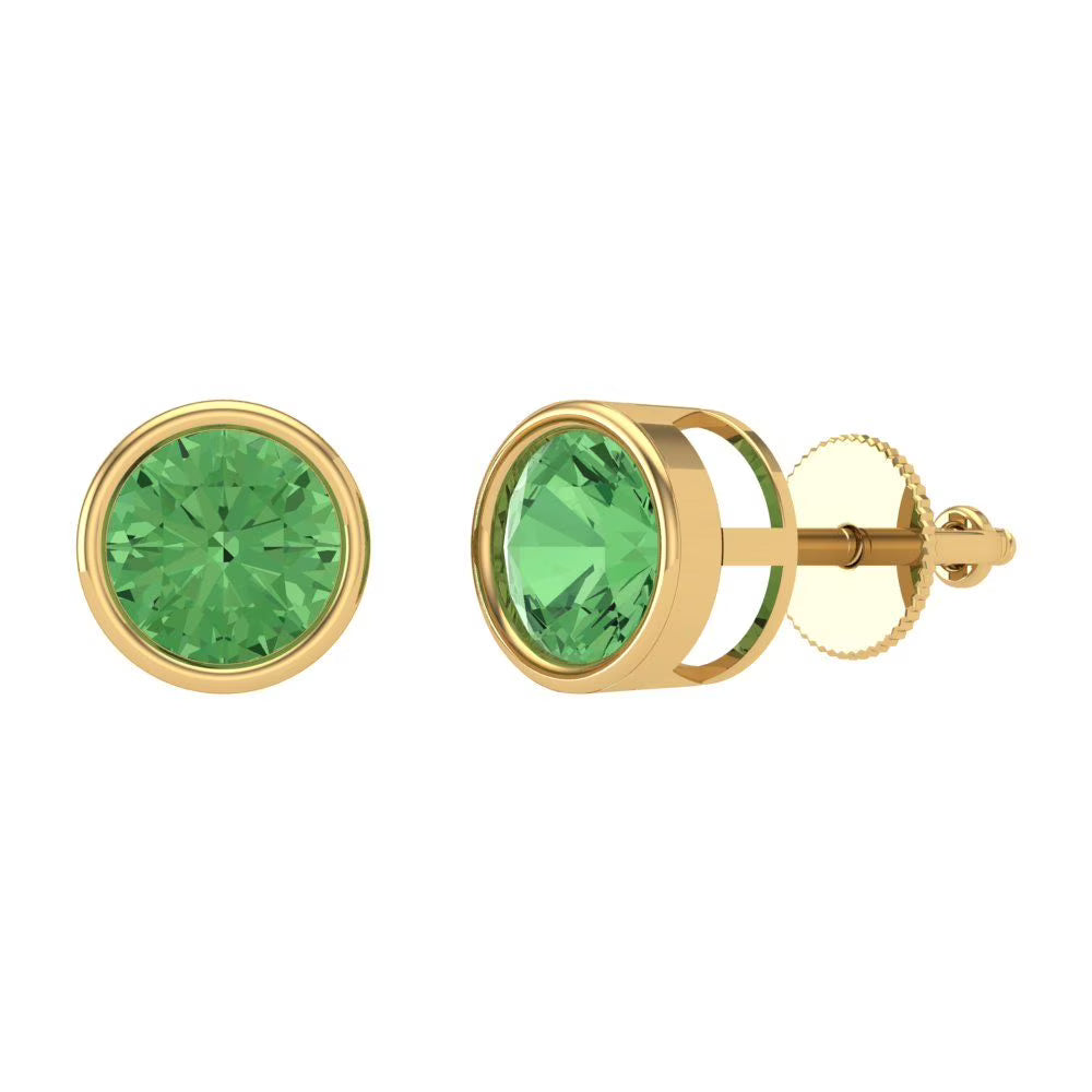 Yellow Gold Solitaire Stud Earrings, 2 Ct Round Cut Simulated Green Diamond, 14K, Screw Back U17762