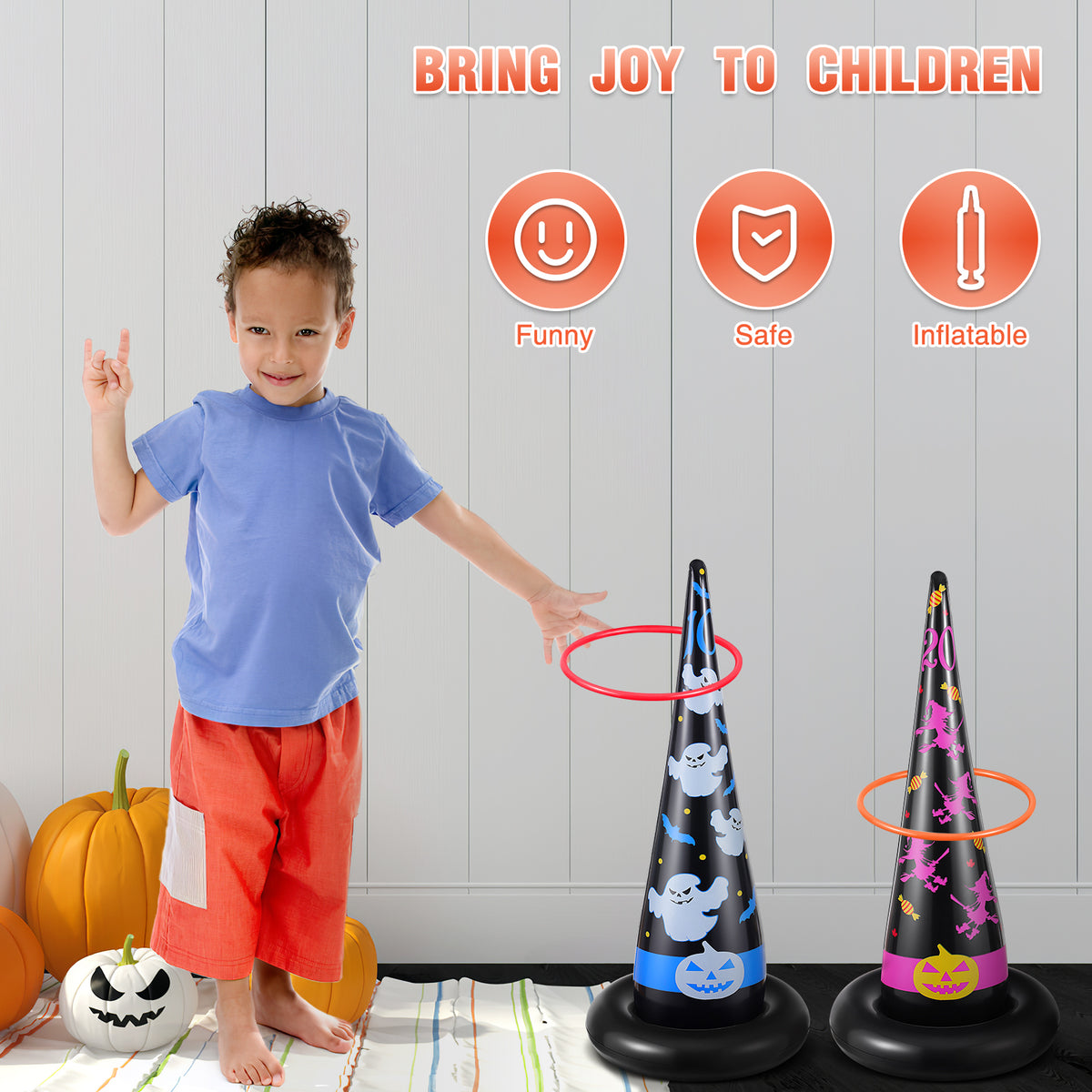 5pcs Inflatable Halloween Witch Hat Ring Toss Game Party Supplies with Plastic Rings Air Pump R5208